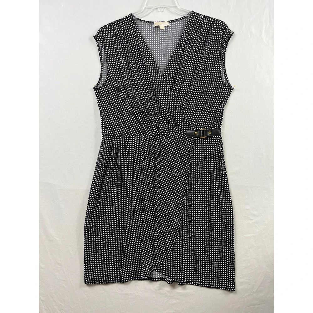 Michael Kors Faux Wrap Dress Womens XL Black White Grid Sleeveless V-Neck